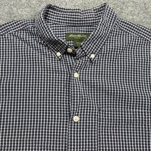 Eddie Bauer Mens XL Blue White Gingham Short Sleeve Cotton Shirt Button Down